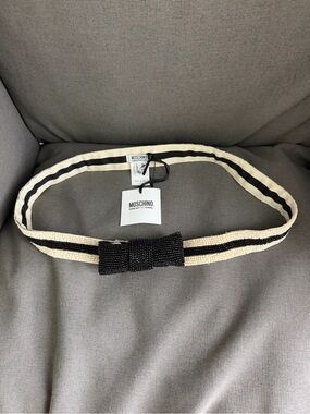 Rare vintage Moschino Black & Cream Beaded Bow Elastic Waist Belt 12